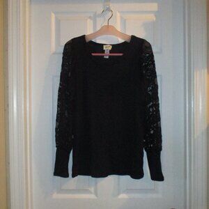 BiBi Small Black Waffle Knit Top with Lace Puffed Long Sleeves NEW